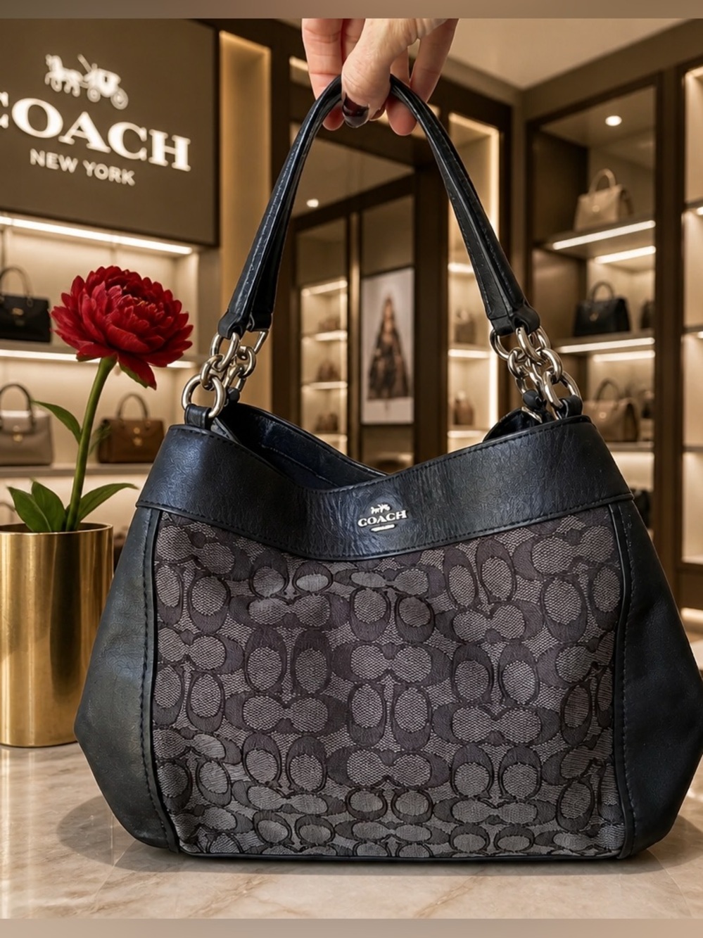 Coach Black Signature Canvas and Leather Hobo Shoulder Bag - Picture 1 of 15